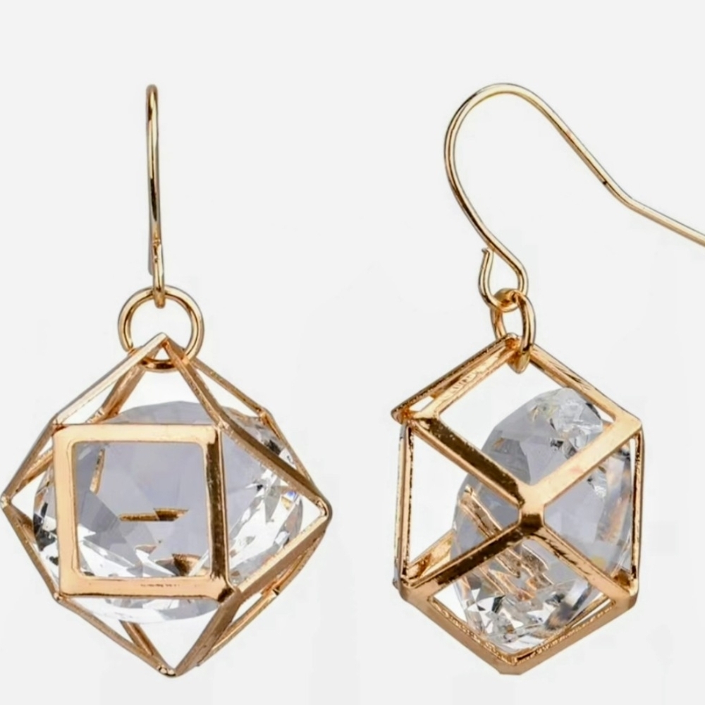 80s Vintage Gold Tone Geometric Earrings Octagon Dangle Crystal Stone Women